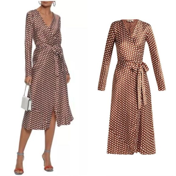 NEW DIANE VON FURSTENBERG $468 TILLY BAKER DOT SILK WRAP MIDI DRESS - Picture 1 of 15